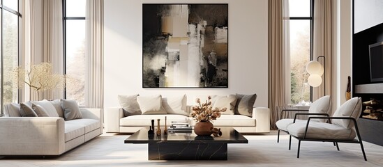 Luxurious, modern and bright living room with a clean, stylish design featuring nude and black...