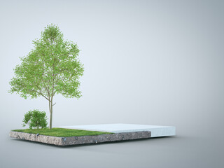 White floor on earth and green grass in eco concept. 3d illustration of soil podium.