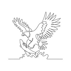 One continuous line drawing of an eagle is preying on fish in the sea vector illustration. wild animal illustration simple linear style vector concept. wild animal vector activity for asset design.
