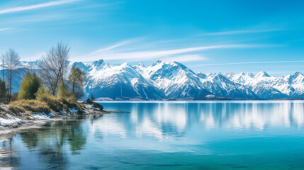 Seascape reflecting snow-capped mountains against a clear sky