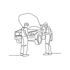 One continuous line drawing of mechanics is repairing a damaged car in the workshop vector illustration. Automotive workshop activity illustration simple linear style vector concept.