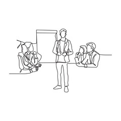 One continuous line drawing of a businessman presenting his business to a client successfully at the office vector illustration. Businessman activity illustration simple linear style vector concept