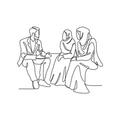 One continuous line drawing of a man is discussing with his wife and daughter in the living room vector illustration. Family activity illustration simple linear style vector design concept. 