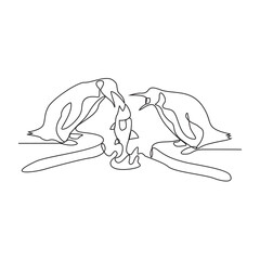 Obraz premium One continuous line drawing of 2 penguins are catching fish under the ice floor vector illustration. Animal activity illustration simple linear style vector concept. animal activity for asset design