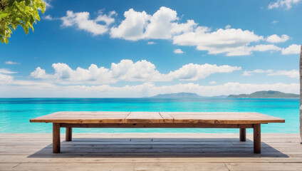 Fototapeta na wymiar Wooden table on the background of the sea, island and bright blue sky.