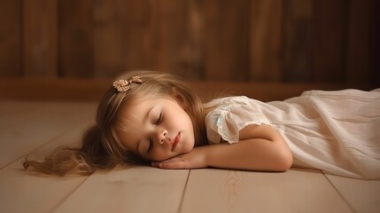 Cute europe's little girl lying on floor sleeping with closed eyes in light brown color background...