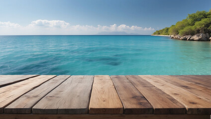 Wooden table on the background of the sea, island and bright blue sky.