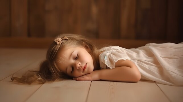 Cute europe's little girl lying on floor sleeping with closed eyes in light brown color background generative ai