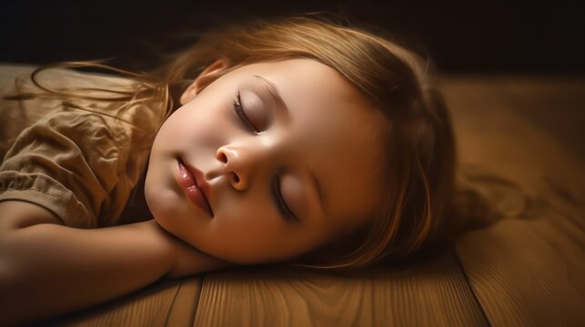 Cute europe's little girl lying on floor sleeping with closed eyes in light brown color background generative ai