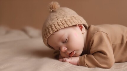 Cute europe's baby boy lying on floor sleeping with closed eyes in light brown color background generative ai