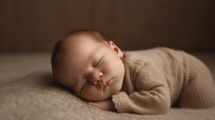 Cute europe's baby boy lying on floor sleeping with closed eyes in light brown color background generative ai