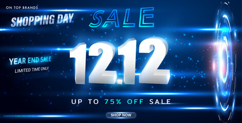 12.12 Shopping Day Sale on futuristic technology background. 3d technology sale ad. End of year sale. Futuristic online shopping. 12 December sales concept Hitech for promotional Poster. Vector EPS10.