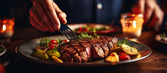 Selective focus on woman's hand cutting grilled steak on plate with knife and fork. - Powered by Adobe
