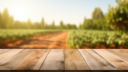 The empty wooden brown table top with blur background of farm. Exuberant image. generative AI