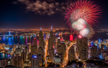 Dynamic New Year's Eve: Vibrant City Celebration, Fireworks Illuminate Night Sky, Cheers and Festive Atmosphere. Photography with DSLR, Wide-Angle Lens. Capturing Joy and Anticipation for Adobe Stock.