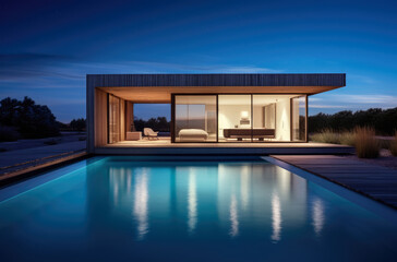 Fototapeta premium Evening photo of a modern villa with infinity pool