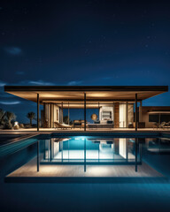Fototapeta premium Evening photo of a modern villa with infinity pool
