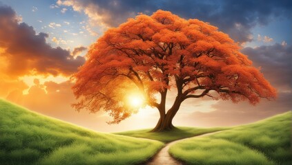 Path to Renewal: Symbolic Image of Pain Recovery Journey, Serene Landscape, Flourishing Tree, Phoenix Rising, Sunrise. Uplifting and Inspiring Visual Metaphors for Adobe Stock