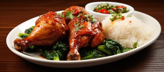 Asian-style honey, soy, and ginger marinated chicken drumsticks on white dish with rice, chili pepper, spinach, chard, and parsley.