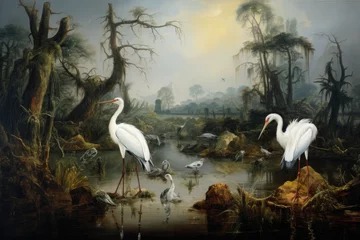 Foto op Plexiglas Fantasy landscape with two storks in a swamp, digital painting, A shallow river with transparent water and a group of herons hunting for fish, AI Generated © Iftikhar alam