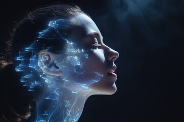 Fantasy portrait of a young woman with blue light on her face, a side view of a woman's head in hologram, AI Generated