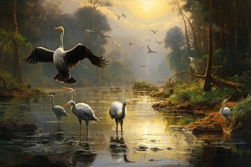 3d render of a flock of storks on the lake in the forest, A shallow river with transparent water and a group of herons hunting for fish, AI Generated