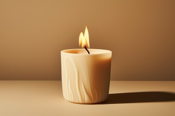 Obraz na płótnie Canvas Burning candle in a glass on a beige background with shadow, A vanilla scented candle is being burned on a beige background, AI Generated