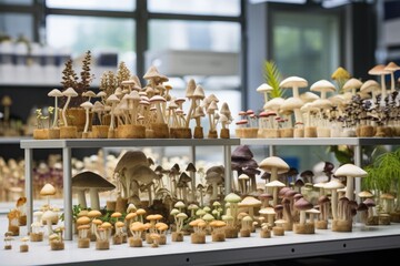 Fototapeta premium Mushroom display in a shop window, shallow depth of field, a variety of mushroom species growing on different substrates in a lab, AI Generated