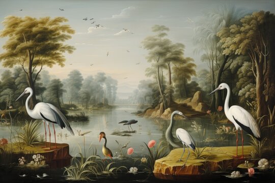 Chinese painting on the wall of a temple in the park, Thailand, A shallow river with transparent water and a group of herons hunting for fish, AI Generated