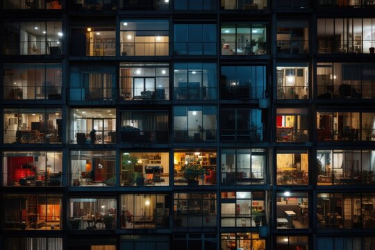Fototapeta Reflection of buildings in windows of modern office building at night, A photo of a night city, an apartment building, lots of windows glowing in the night, AI Generated