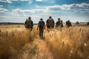 Rear view of a group of men walking through a wheat field, A ranger team walking through a wheat field, AI Generated