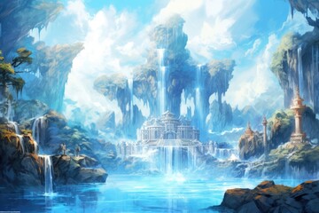 Fantasy landscape with fantasy alien planet and sea. 3d rendering, A reimagined ancient sea waterfall in this illustration, sky-blue and brown gongbi, AI Generated