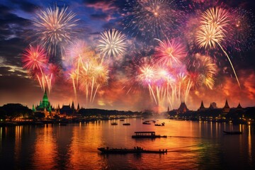 Fototapeta premium Colorful fireworks over Wat Arun temple in Bangkok, Thailand, A spectacular display of colorful fireworks over the Chao Phraya River in Bangkok, Thailand, AI Generated