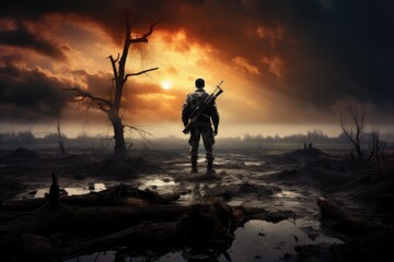 Silhouette of a hunter with a gun in the swamp, A soldier standing alone after the war on the battlefield, AI Generated - obrazy, fototapety, plakaty