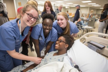 Diverse group of doctors and nurses working together in a hospital ward, A student nursing team capturing a selfie while engaged in simulation training, AI Generated - obrazy, fototapety, plakaty