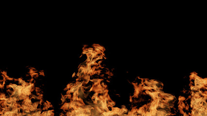 黒背景にオレンジ色の炎、火。コピースペース。3D（横長）