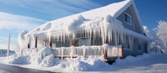 House with icicle-covered snowdrifts needs roof cleaning.