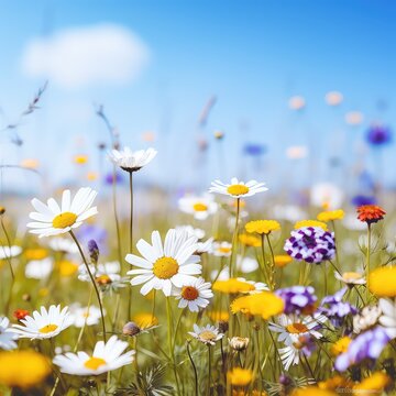 Colorful meadow of wild flowers daisies and marigold flowers in morning faze in nature. Colorful artistic image, close-up of a macro.