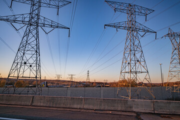 Power lines in Blomington, Minnesota, a suburb of Minneapolis St. Paul at dusk in late autumn