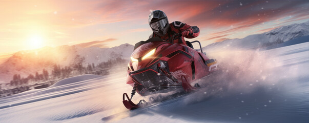 Winter snowmobile extreme fun moto sport. Snowmobile rider driving very fast in winter land