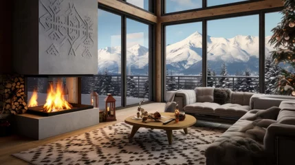 Fotobehang Cozy living room with panoramic window, fireplace with fire and view of winter mountains and forest at a ski resort and luxury hotel, during vacation and winter holidays. © ALA
