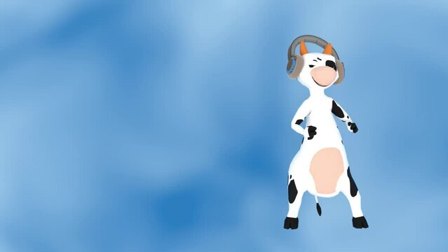 funny cow listening to music with headphones, fantasy, 3D render