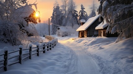 A small, cozy, homely house in a village surrounded by a snow-covered landscape of beautiful nature and winter.