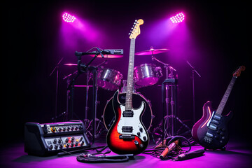 Electric guitar and drum kit on a dark stage in neon light