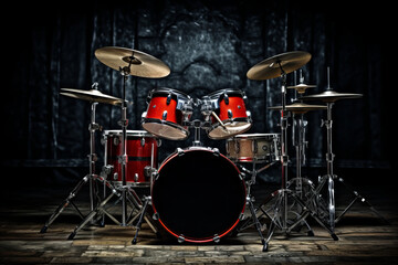 Fototapeta na wymiar drum kit on dark music stage close up