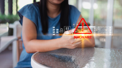 Malware hacker attack on smartphone. System notification hacked attack threat warning caution sign...