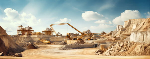 Quarry factory in sand ground. Quarry stones belt production for construction building - obrazy, fototapety, plakaty