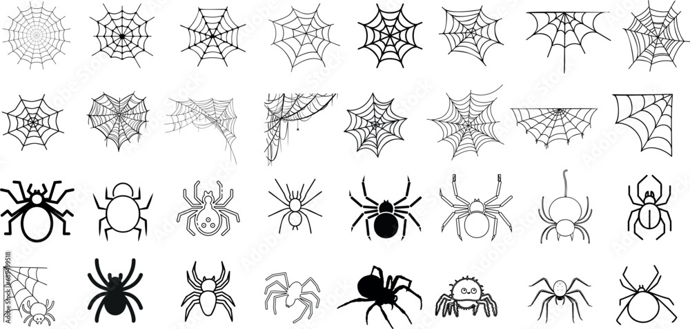 Wall mural spider, web vector illustration collection various styles and shapes. spiders, webs are perfect for 