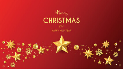 Red Christmas background with Golden Merry Christmas lettering and golden Christmas decorations