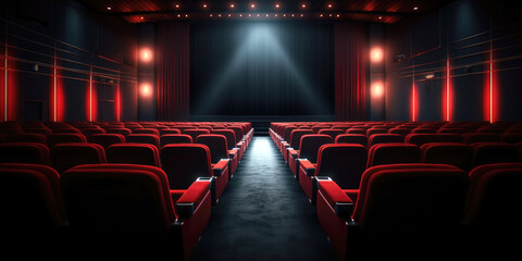 Empty cinema hall with red seats. Movie theatre - obrazy, fototapety, plakaty
